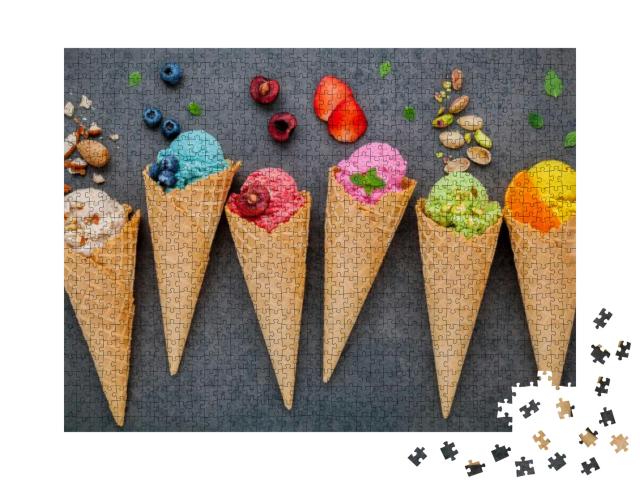 Various of Ice Cream Flavor in Cones Blueberry, Strawberr... Jigsaw Puzzle with 1000 pieces