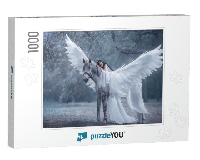Beautiful, Young Elf, Walking with a Unicorn. Angel is We... Jigsaw Puzzle with 1000 pieces
