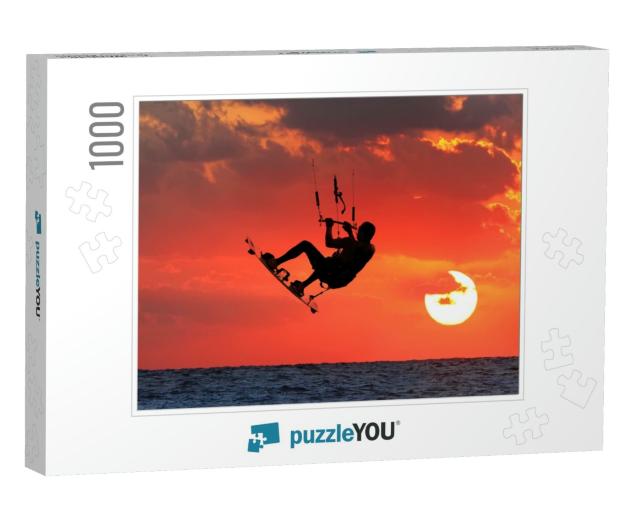 Kite-Surfing on Orange Sunsets Background... Jigsaw Puzzle with 1000 pieces