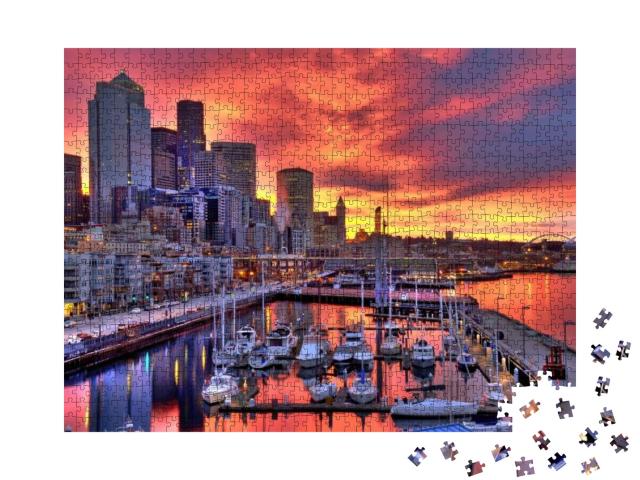 High Dynamic Image of Seattle Skyline in Dramatic Sunrise... Jigsaw Puzzle with 1000 pieces