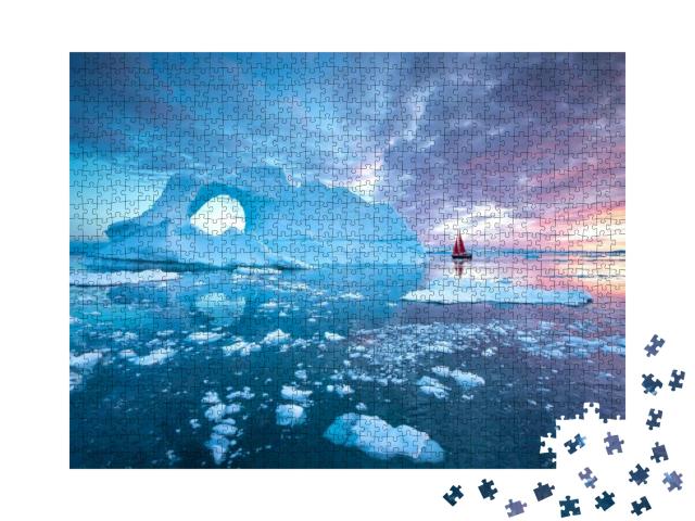 Little Red Sailboat Cruising Among Floating Icebergs in D... Jigsaw Puzzle with 1000 pieces