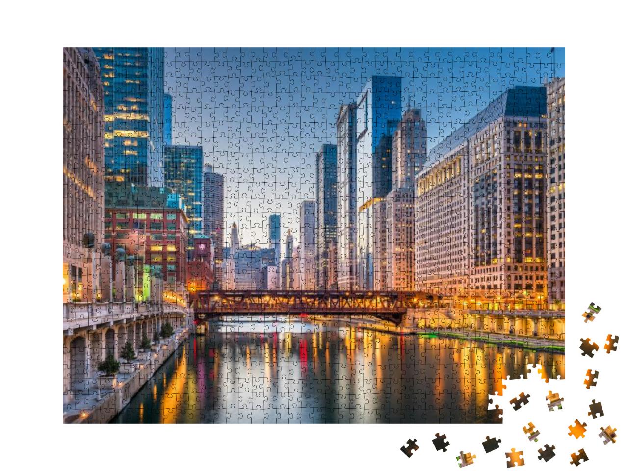 Chicago, Illinois, USA Cityscape on the River At Twilight... Jigsaw Puzzle with 1000 pieces