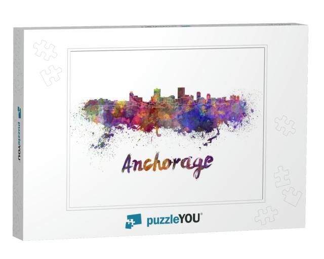 Anchorage Skyline in Watercolor Splatters with Clipping P... Jigsaw Puzzle