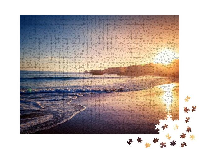 Beautiful Bright Purple Sunset on the Ocean, Sandy Beach... Jigsaw Puzzle with 1000 pieces