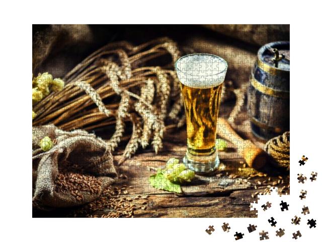 Glass of Fresh Cold Beer in Rustic Setting. Food & Bevera... Jigsaw Puzzle with 1000 pieces