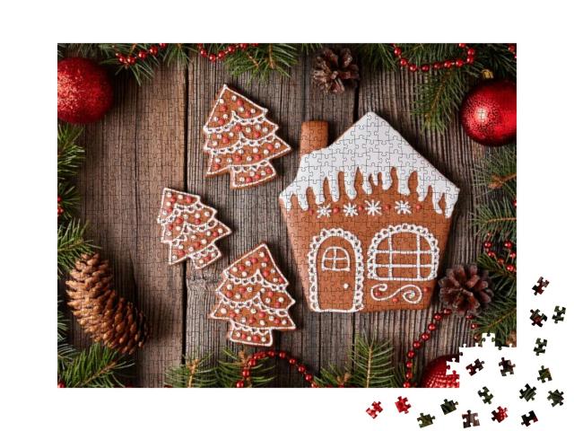 Christmas Gingerbread House & Fur Tree Cookies Compositio... Jigsaw Puzzle with 1000 pieces