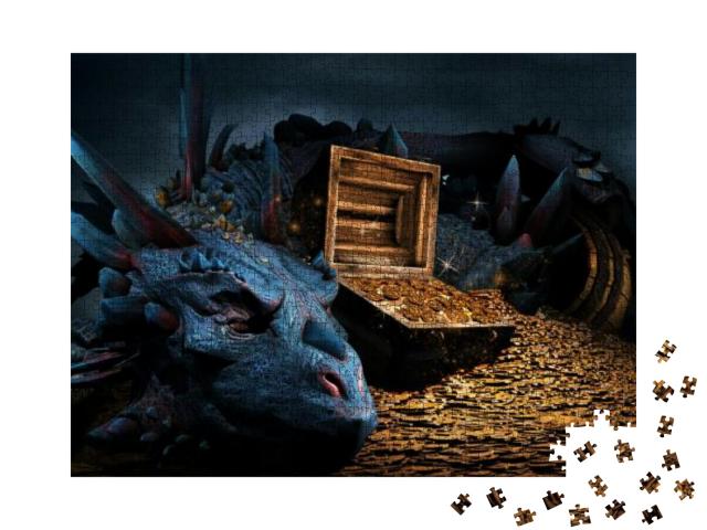 Fantasy Scene with Blue Dragon, Treasure Chest & Pile of... Jigsaw Puzzle with 1000 pieces