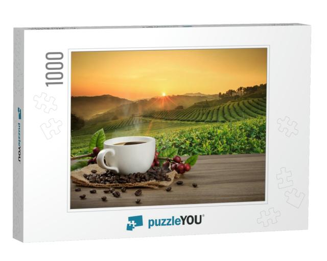 Hot Coffee Cup with Fresh Organic Red Coffee Beans & Coff... Jigsaw Puzzle with 1000 pieces