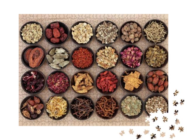 Large Chinese Herbal Medicine Selection in Wooden Bowls O... Jigsaw Puzzle with 1000 pieces