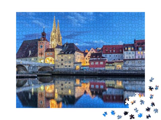 Historical Stone Bridge, Bridge Tower & Buildings in the... Jigsaw Puzzle with 1000 pieces