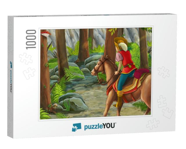 Cartoon Scene with a Horseman Riding Through the Forest t... Jigsaw Puzzle with 1000 pieces