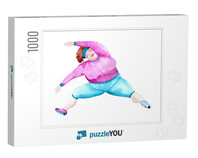Watercolor Cute Cartoon Fat Stretching Yoga Woman... Jigsaw Puzzle with 1000 pieces