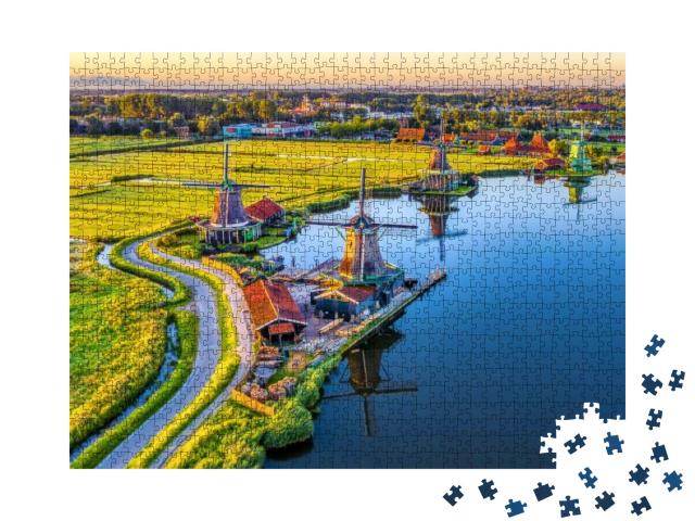 Zaanse Schans Windmills Park & Fields Landscape in Zaanda... Jigsaw Puzzle with 1000 pieces