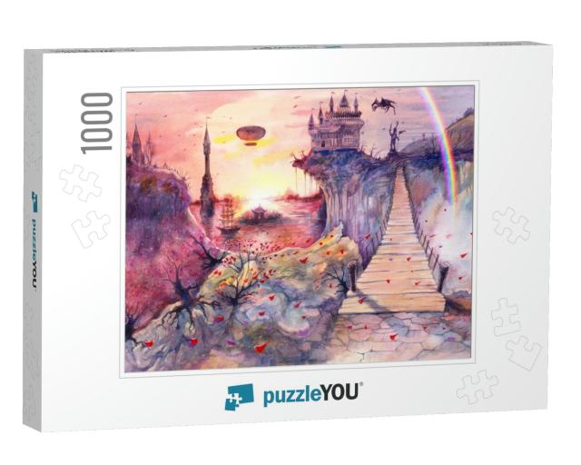 Water Color Painting Beautiful Sea Landscape, Castle, Roc... Jigsaw Puzzle with 1000 pieces