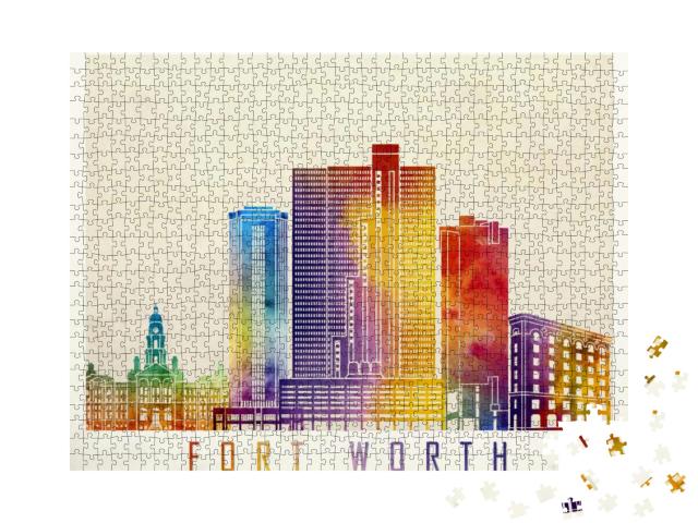 Fort Worth Landmarks Watercolor Poster... Jigsaw Puzzle with 1000 pieces