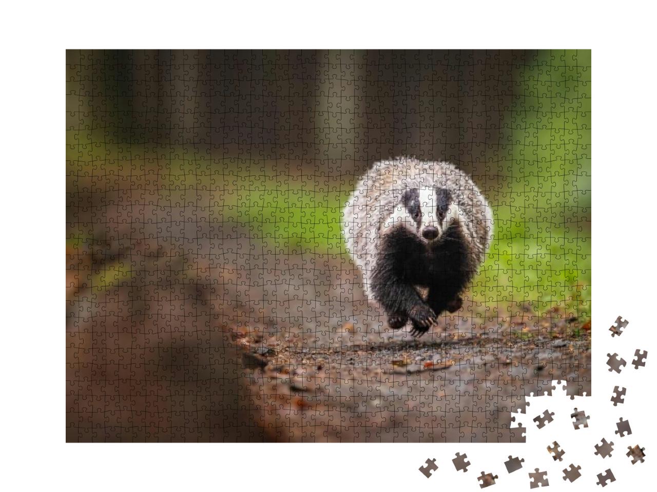European Badger Running on a Forest Path. Wet & Gloomy Af... Jigsaw Puzzle with 1000 pieces