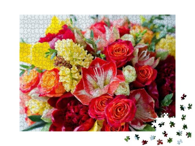 Big Pink Gift Box with Bright Flowers. Red & Yellow Flowe... Jigsaw Puzzle with 1000 pieces