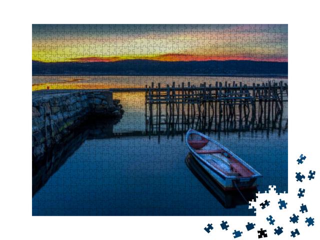 A Small White Boat Docked in the Port... Jigsaw Puzzle with 1000 pieces