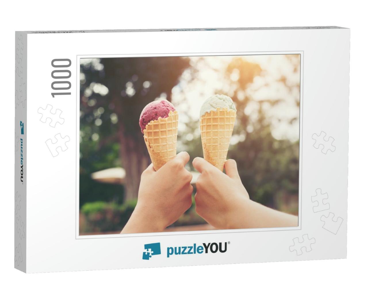 Woman's Hands Holding Melting Ice Cream Waffle Cone in Ha... Jigsaw Puzzle with 1000 pieces