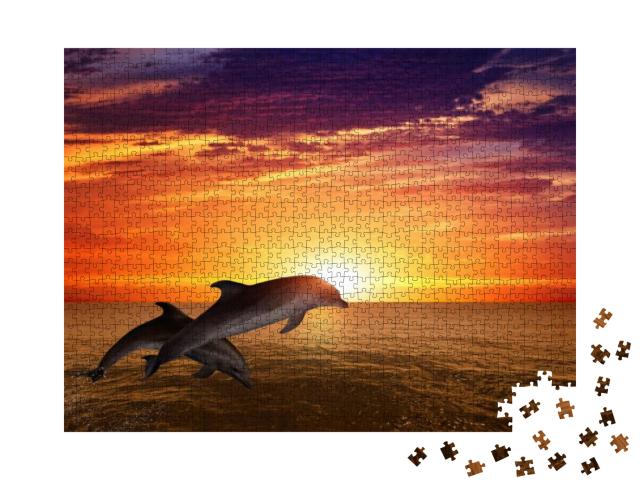 Marine Life Background - Jumping Dolphins, Beautiful Red... Jigsaw Puzzle with 1000 pieces