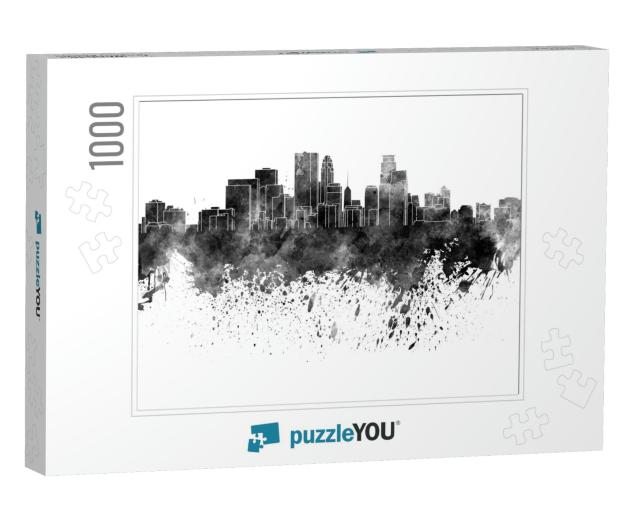 Minneapolis Skyline in Black Watercolor on White Backgrou... Jigsaw Puzzle with 1000 pieces