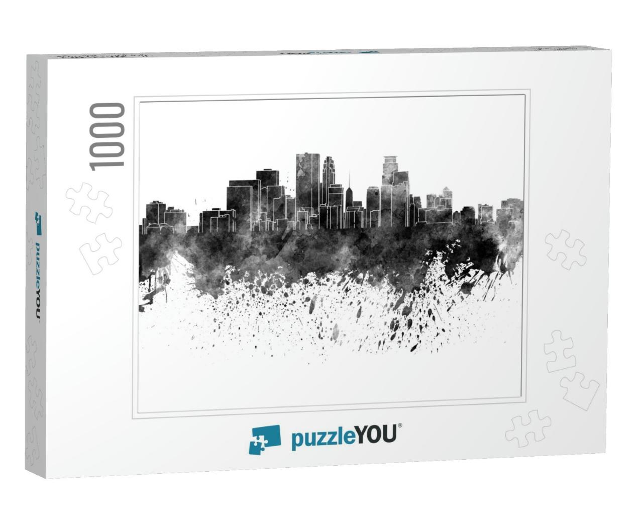 Minneapolis Skyline in Black Watercolor on White Backgrou... Jigsaw Puzzle with 1000 pieces