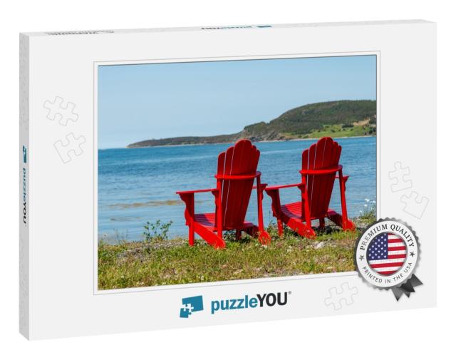 Two Bright Empty Red Adirondack Chairs on the Edge of a G... Jigsaw Puzzle