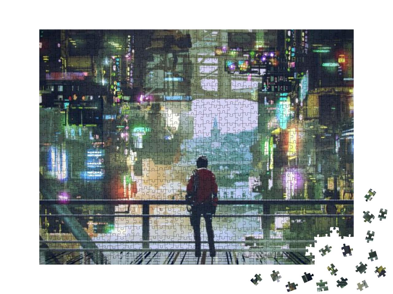 Man Standing on Balcony Looking At Futuristic City with C... Jigsaw Puzzle with 1000 pieces