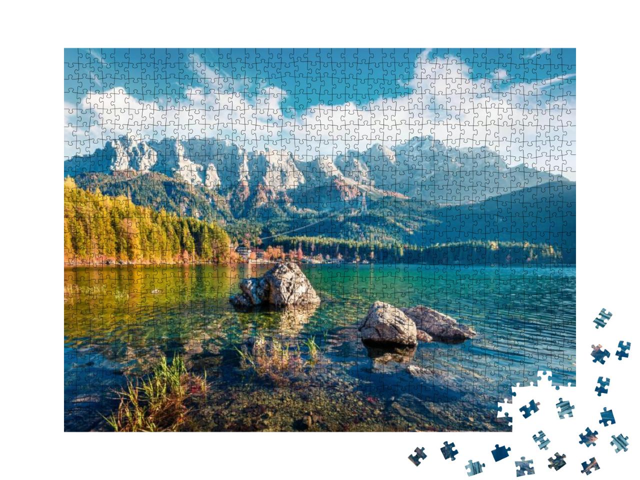 Sunny Evening Scene of Eibsee Lake with Zugspitze Mountai... Jigsaw Puzzle with 1000 pieces