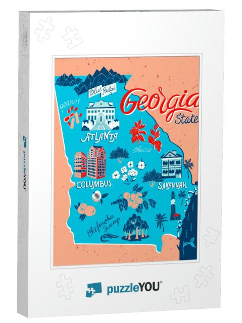 Illustrated Map of Georgia, Usa. Travel & Attractions... Jigsaw Puzzle