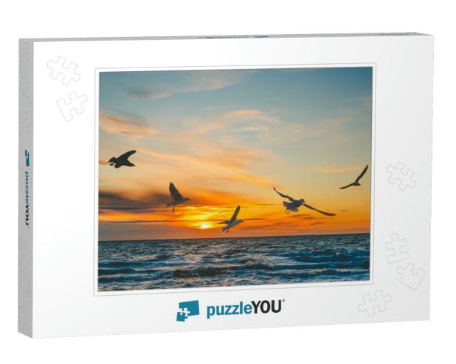 Seagulls in Flight Over Sea At Sunset - Beautiful Frozen... Jigsaw Puzzle