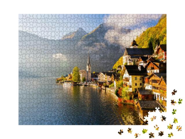 Amazing Morning View on Famous Mountain Town Hallstatt on... Jigsaw Puzzle with 1000 pieces