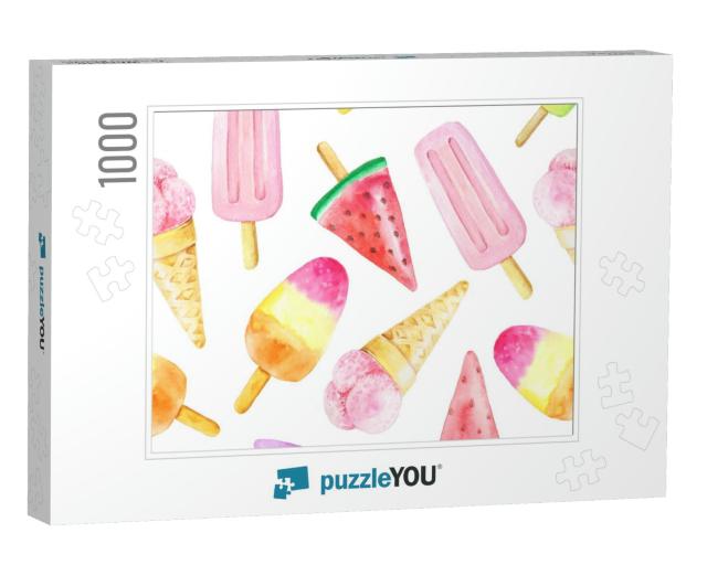 Seamless Pattern with Watercolor Fruit Ice Cream on Stick... Jigsaw Puzzle with 1000 pieces