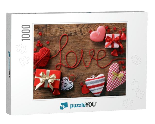 Red Heart, Word Love & Valentines Day Gifts Boxes on Wood... Jigsaw Puzzle with 1000 pieces