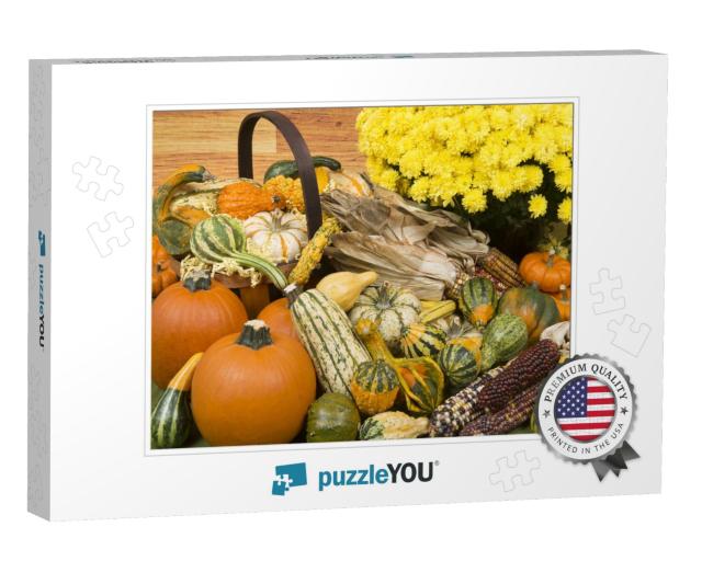 Autumn Still life with Pumpkins, Flowers, Gourds Squash & Corncobs Jigsaw Puzzle