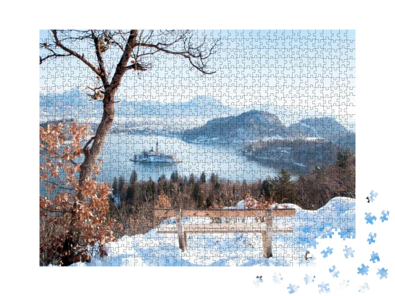 Beautiful View of Wooden Bench Overlooking Famous Lake Bl... Jigsaw Puzzle with 1000 pieces