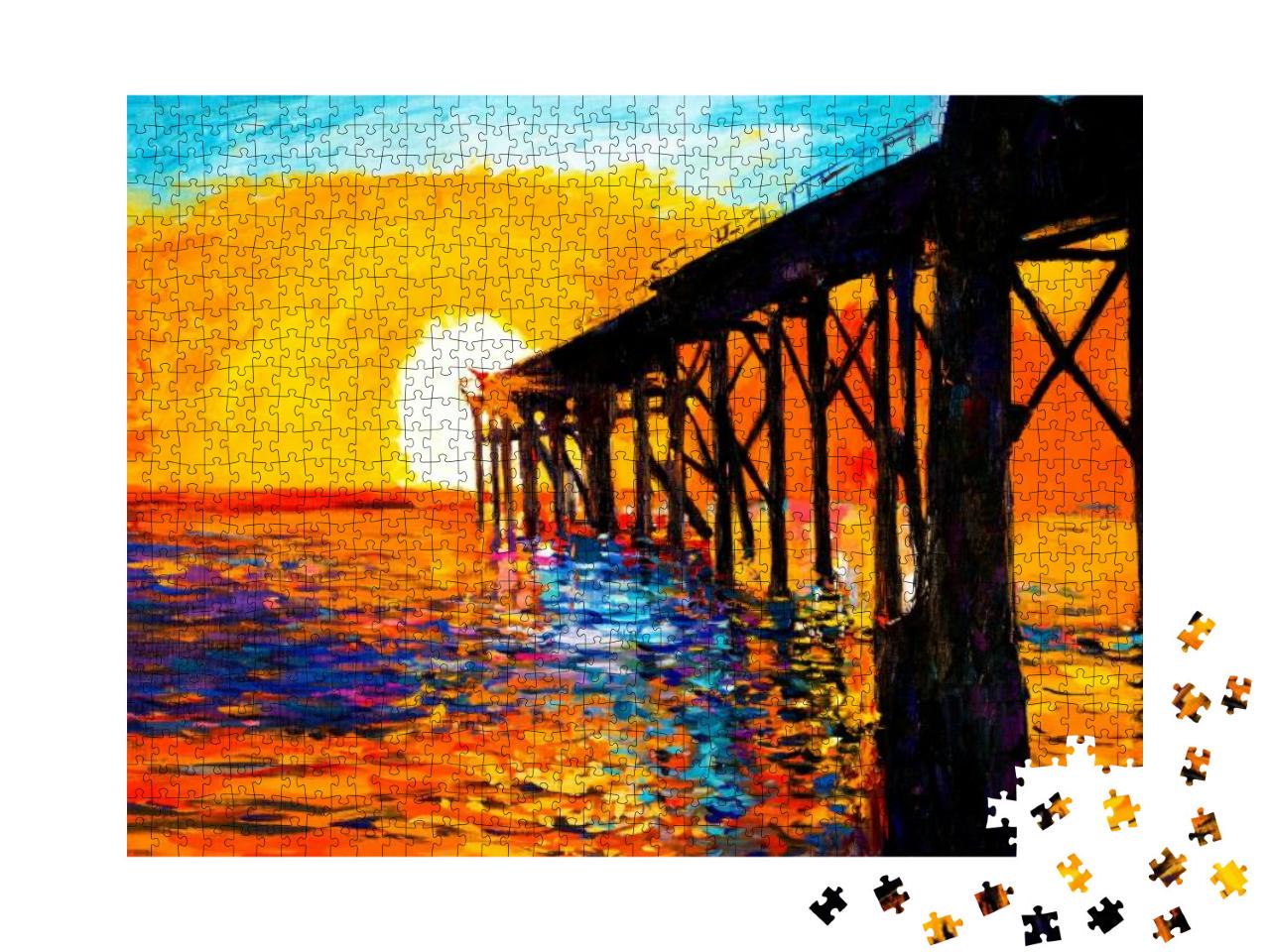 Original Oil Painting on Canvas- Sunset Over the Bridge-... Jigsaw Puzzle with 1000 pieces