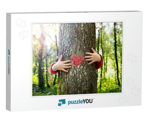 Tree Hugging - Love Nature - Child Hug the Trunk with Red... Jigsaw Puzzle