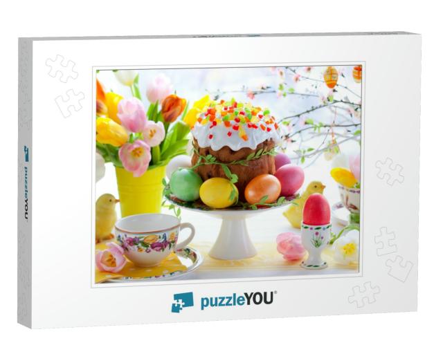 Easter Cake & Colorful Eggs on Festive Easter Table... Jigsaw Puzzle