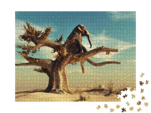 Elephant in a Dry Tree in Surreal Landscape. This is a 3D... Jigsaw Puzzle with 1000 pieces