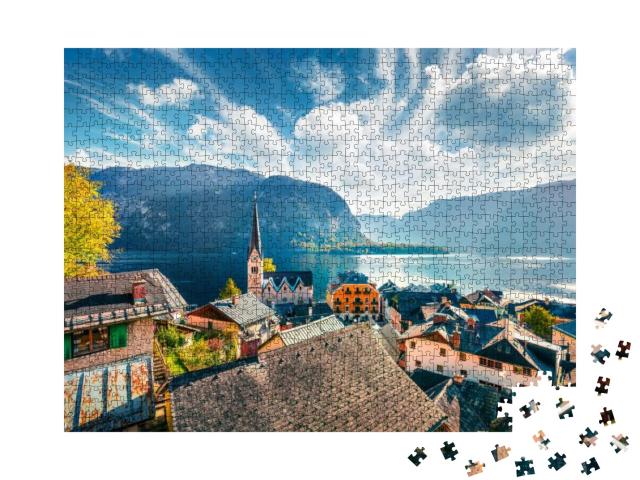 Sunny Autumn Cityscape of Hallstatt Town. Splendid Mornin... Jigsaw Puzzle with 1000 pieces