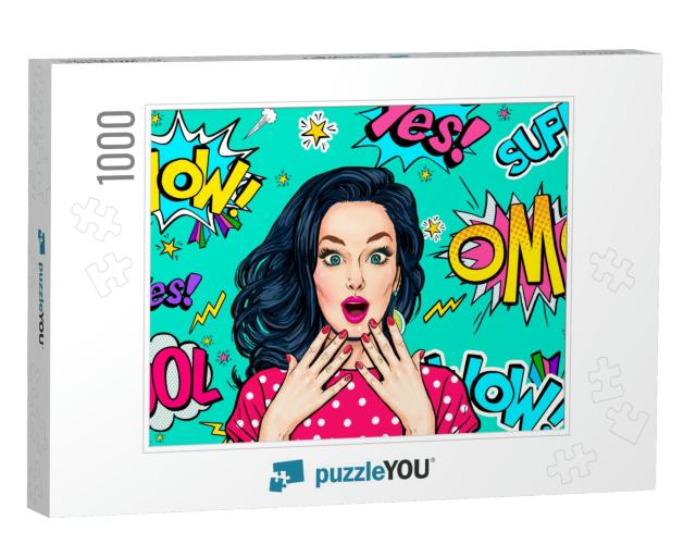 Surprised Woman on Pop Art Background. Advertising Poster... Jigsaw Puzzle with 1000 pieces