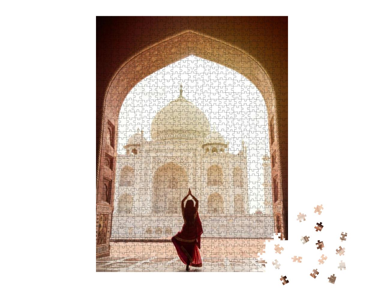 Indian Woman in Red Saree/Sari in the Taj Mahal, Agra, Ut... Jigsaw Puzzle with 1000 pieces