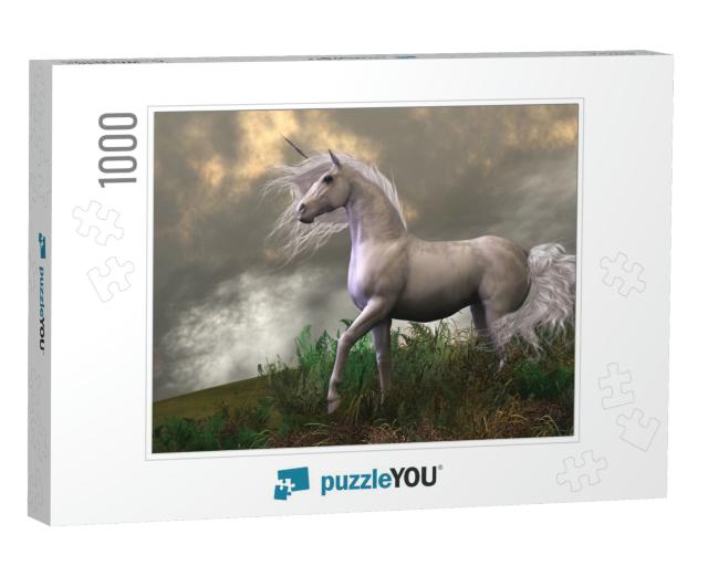 White Unicorn Stallion - Clouds & Mist Surround a Beautif... Jigsaw Puzzle with 1000 pieces