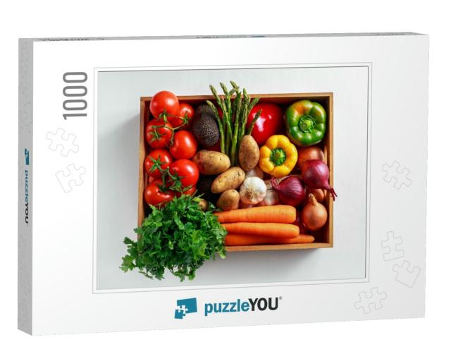 Fresh Vegetables in Wooden Box on White Wooden Background... Jigsaw Puzzle with 1000 pieces