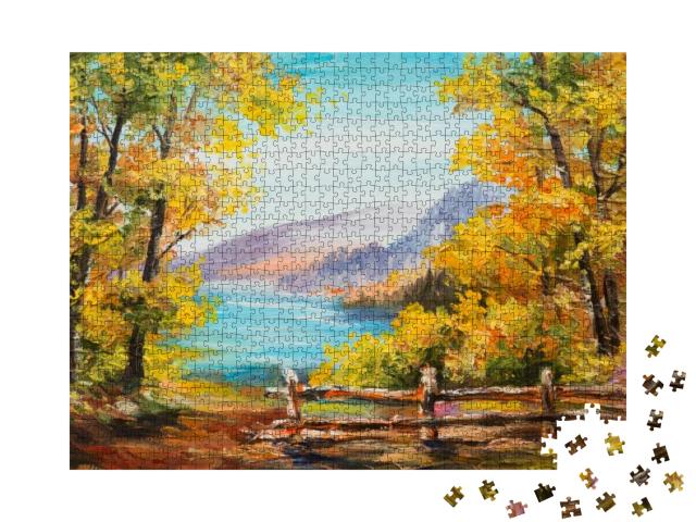 Oil Painting Landscape - Colorful Autumn Forest, Mountain... Jigsaw Puzzle with 1000 pieces