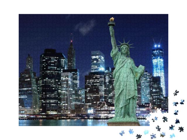 Manhattan Skyline & the Statue of Liberty At Night, New Y... Jigsaw Puzzle with 1000 pieces