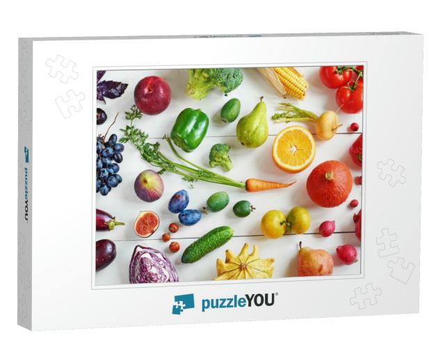 Rainbow Colored Fruits & Vegetables on a White Table. Jui... Jigsaw Puzzle
