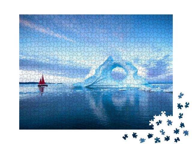 Sail Boat with Red Sails Cruising Among Massive Ice Bergs... Jigsaw Puzzle with 1000 pieces