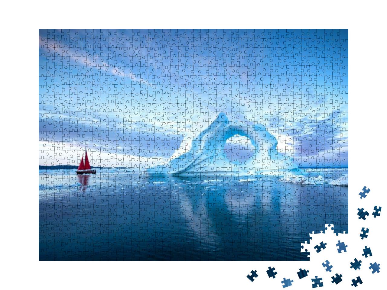 Sail Boat with Red Sails Cruising Among Massive Ice Bergs... Jigsaw Puzzle with 1000 pieces
